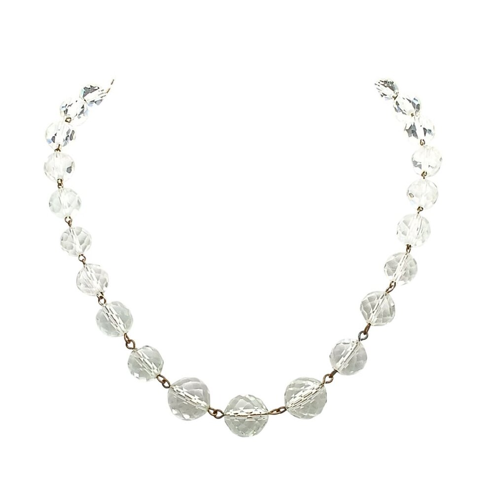 Vintage Crystal Bead Necklace with Filigree Box Clasp on Faceted Graduated Stran
